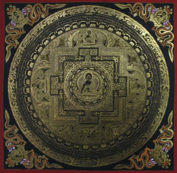 Tibetan Thangka Of All Gold Shakyamuni Mandala With Dragon Motif, [24k Real Gold]