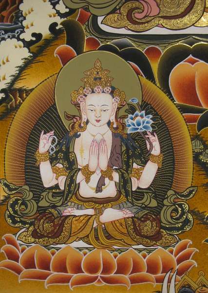 Tibetan Thangka Of Manjushri, [24k Real Gold]