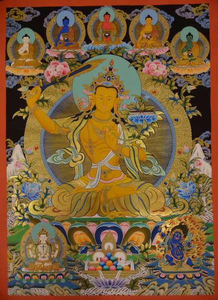 [hq] Tibetan Thangka Of Manjushri With Five Buddha, [24k Real Gold]