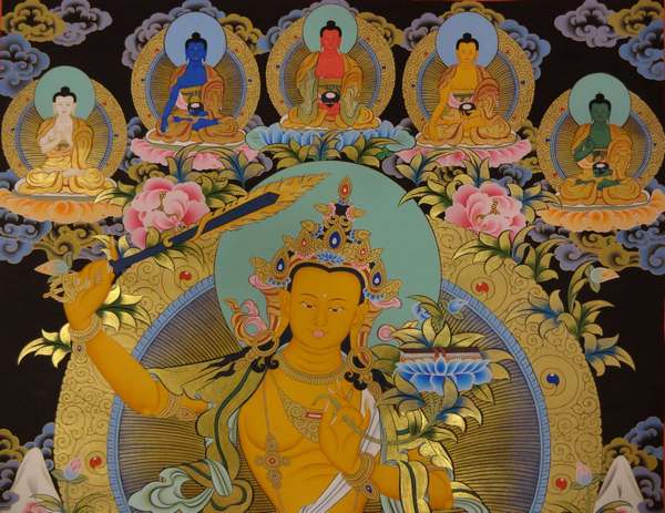 [hq] Tibetan Thangka Of Manjushri With Five Buddha, [24k Real Gold]