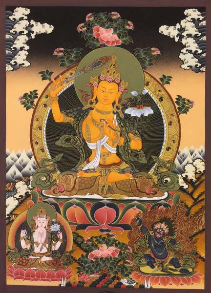 Tibetan Thangka Of Manjushri, [24k Real Gold]