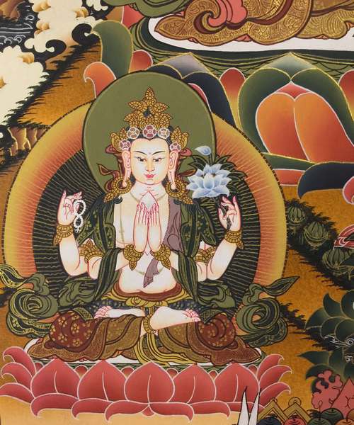 Tibetan Thangka Of Manjushri, [24k Real Gold]