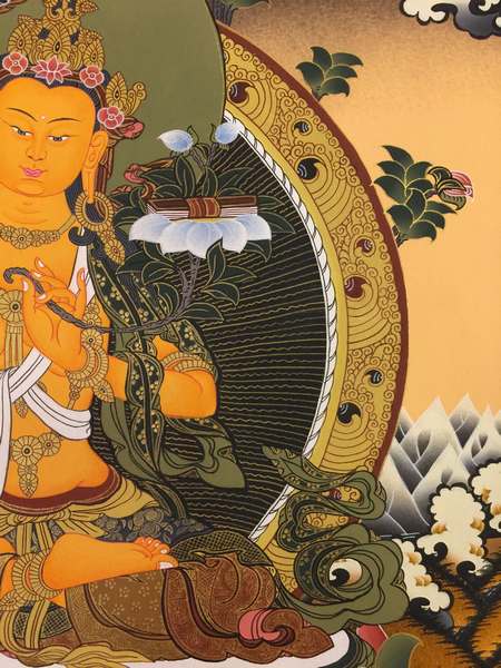 Tibetan Thangka Of Manjushri, [24k Real Gold]