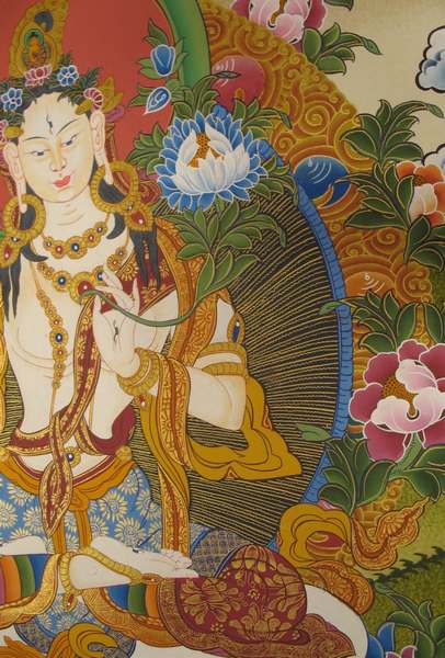 Tibetan Thangka Of White Tara, [24k Real Gold]