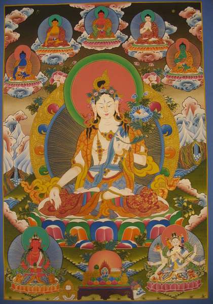 Tibetan Thangka Of White Tara, [24k Real Gold]