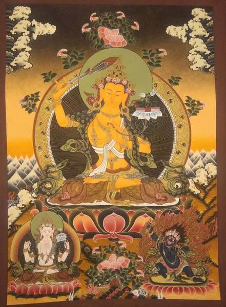 Tibetan Thangka Of Manjushri, [24k Real Gold]