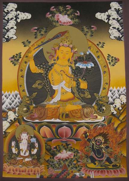 Tibetan Thangka Of Manjushri, [24k Real Gold]