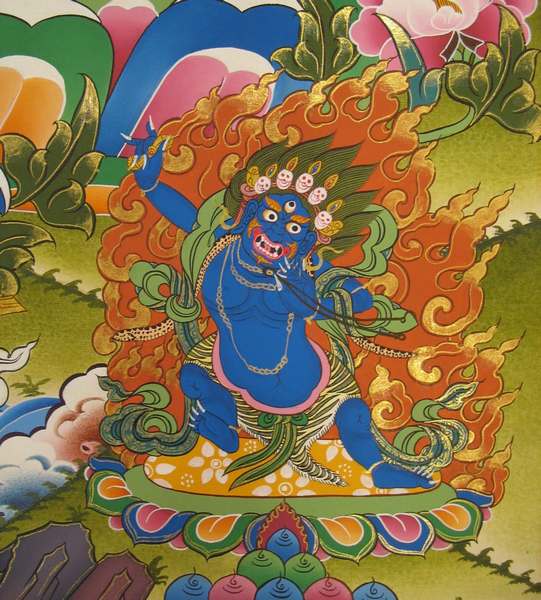 Tibetan Thangka Of Chengrezig, [24k Real Gold], Three Great Bodhisattvas