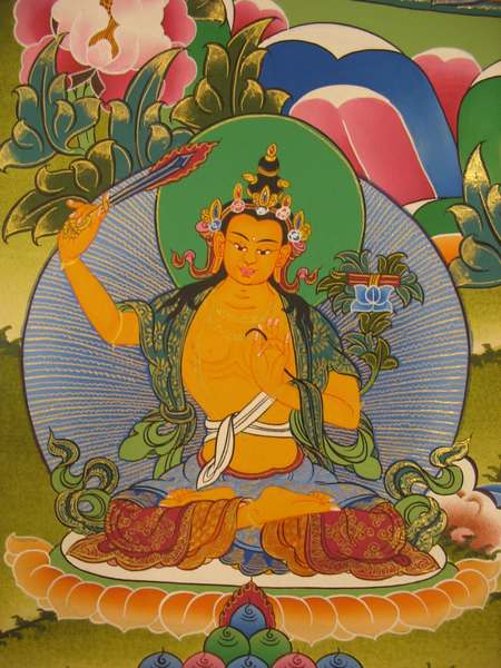 Tibetan Thangka Of Chengrezig, [24k Real Gold], Three Great Bodhisattvas