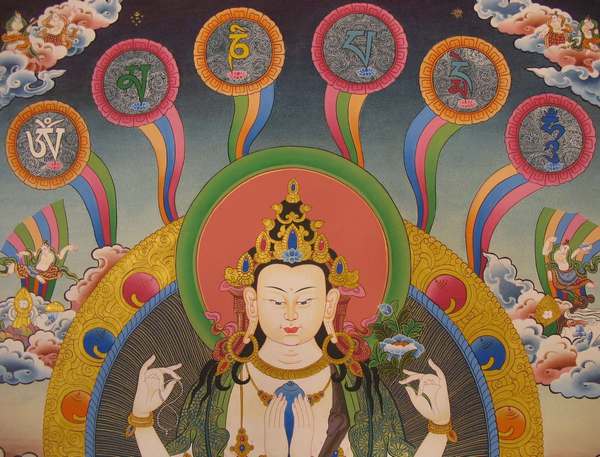 Tibetan Thangka Of Chengrezig, [24k Real Gold], Three Great Bodhisattvas