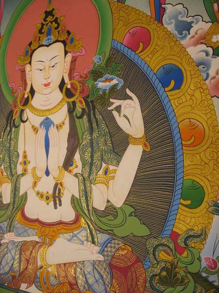 Tibetan Thangka Of Chengrezig, [24k Real Gold], Three Great Bodhisattvas