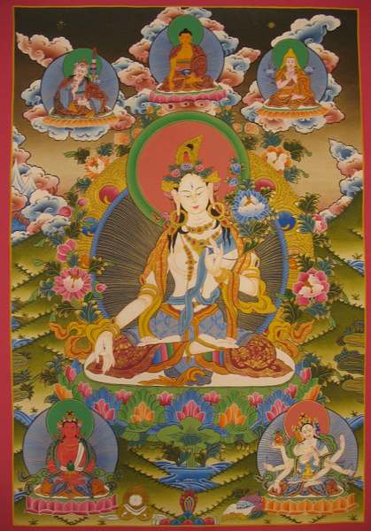 Tibetan Thangka Of White Tara, [24k Real Gold]