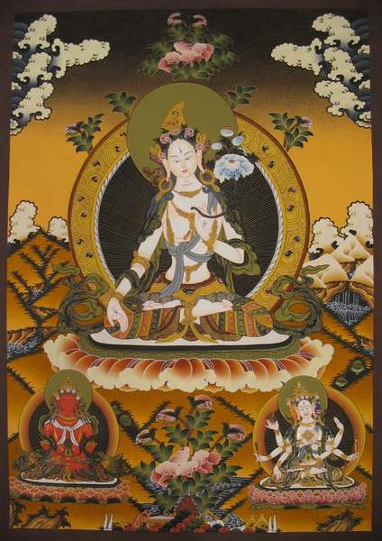 Tibetan Thangka Of White Tara, [24k Real Gold]