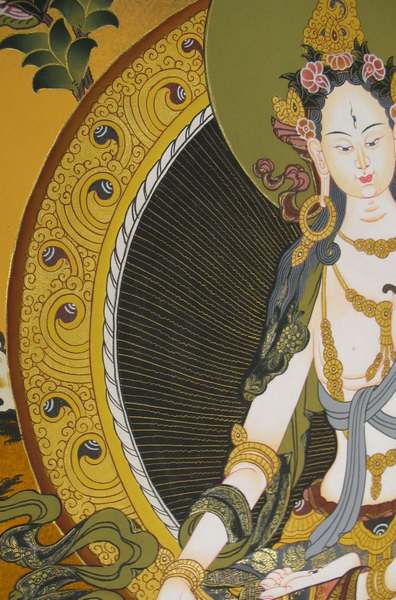 Tibetan Thangka Of White Tara, [24k Real Gold]