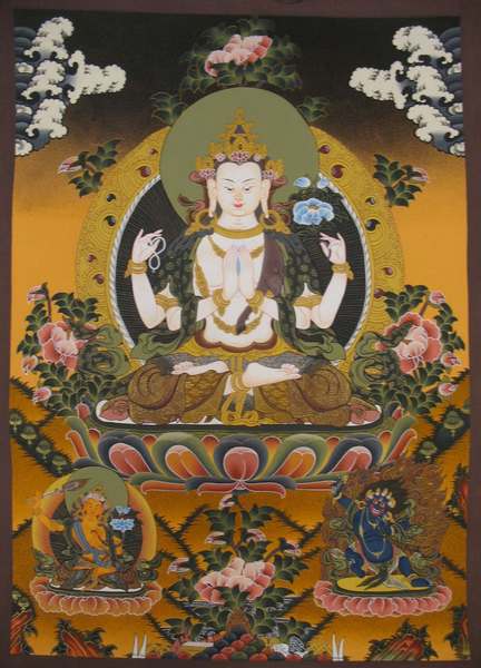 Tibetan Thangka Of Chengrezig, [24k Real Gold], Three Great Bodhisattvas