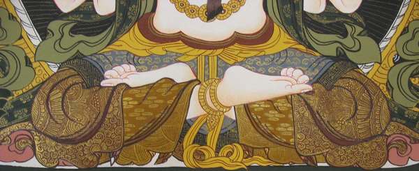 Tibetan Thangka Of Chengrezig, [24k Real Gold], Three Great Bodhisattvas