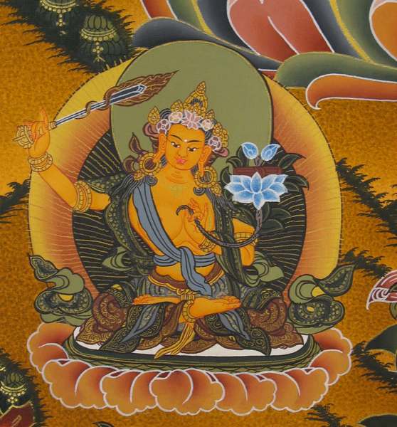 Tibetan Thangka Of Chengrezig, [24k Real Gold], Three Great Bodhisattvas