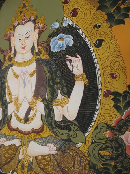 Tibetan Thangka Of Chengrezig, [24k Real Gold], Three Great Bodhisattvas