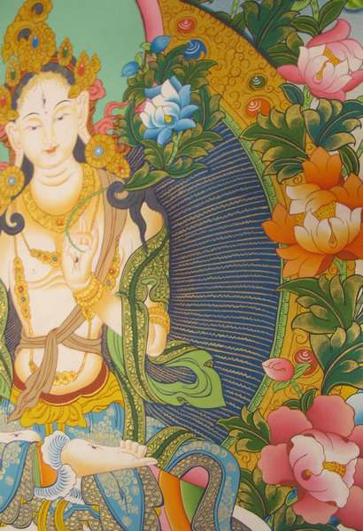 Tibetan Thangka Of White Tara, [24k Real Gold]