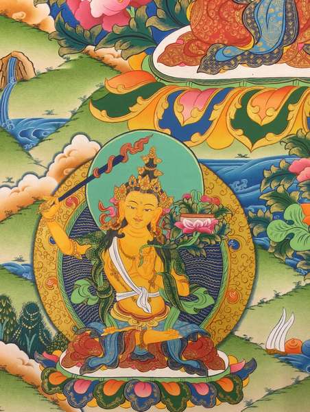 [hq] Tibetan Thangka Of Chengrezig, [24k Real Gold], Three Great Bodhisattvas