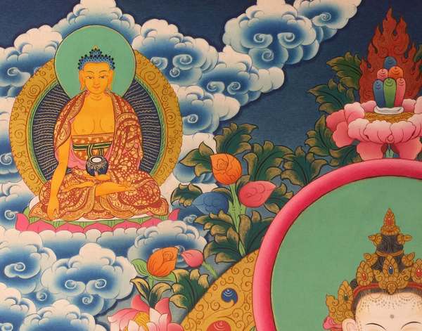 [hq] Tibetan Thangka Of Chengrezig, [24k Real Gold], Three Great Bodhisattvas