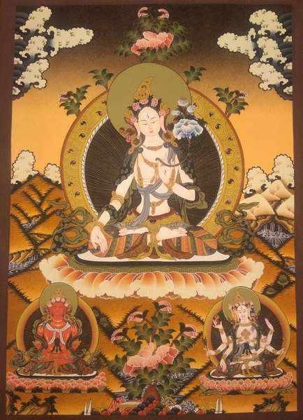 Tibetan Thangka Of White Tara, [24k Real Gold], Three Long Life Deities