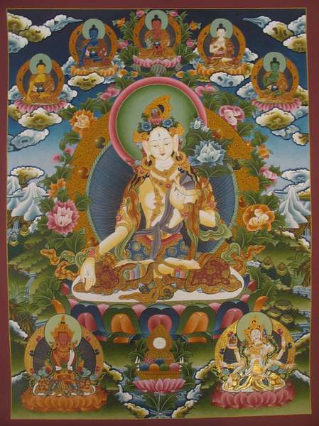 Tibetan Thangka Of White Tara, [24k Real Gold], Three Long Life Deities