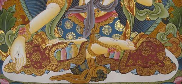 Tibetan Thangka Of White Tara, [24k Real Gold], Three Long Life Deities