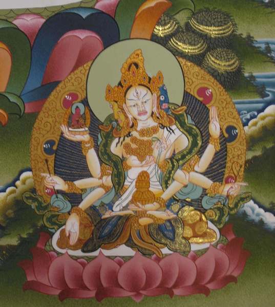 Tibetan Thangka Of White Tara, [24k Real Gold], Three Long Life Deities