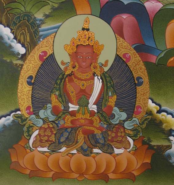 Tibetan Thangka Of White Tara, [24k Real Gold], Three Long Life Deities