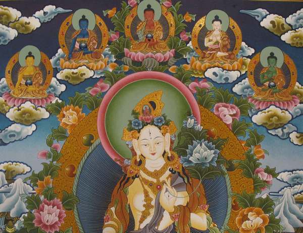 Tibetan Thangka Of White Tara, [24k Real Gold], Three Long Life Deities