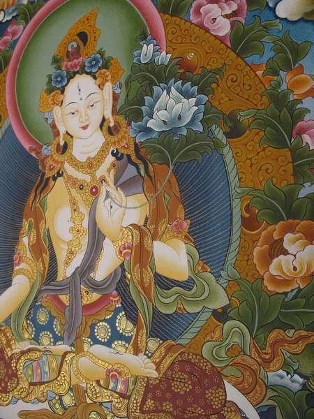 Tibetan Thangka Of White Tara, [24k Real Gold], Three Long Life Deities