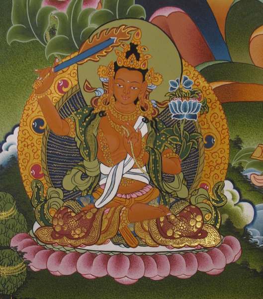 Tibetan Thangka Of Chengrezig, [24k Real Gold], Three Great Bodhisattvas
