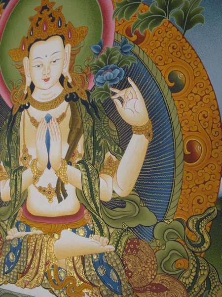 Tibetan Thangka Of Chengrezig, [24k Real Gold], Three Great Bodhisattvas