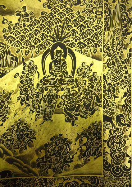 Tibetan Thangka Of Sunaulo Buddha Life Story Horizental, [24k Real Gold]