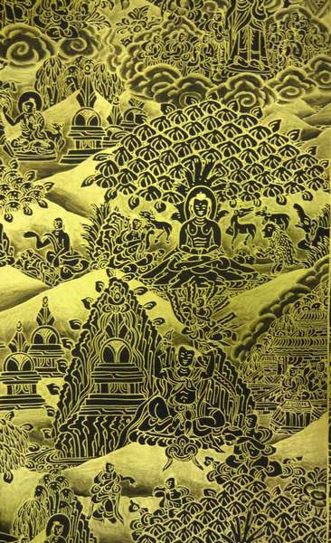 Tibetan Thangka Of Sunaulo Buddha Life Story Horizental, [24k Real Gold]