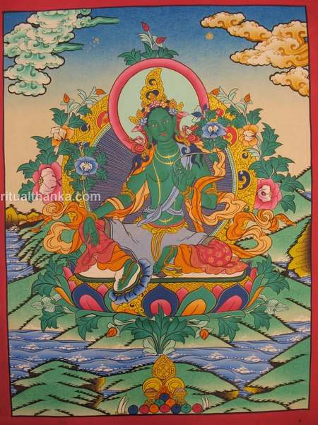 Tibetan Thangka Of Green Tara