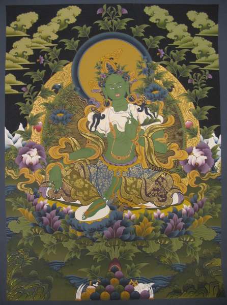 Tibetan Thangka Of Green Tara, [24k Real Gold]