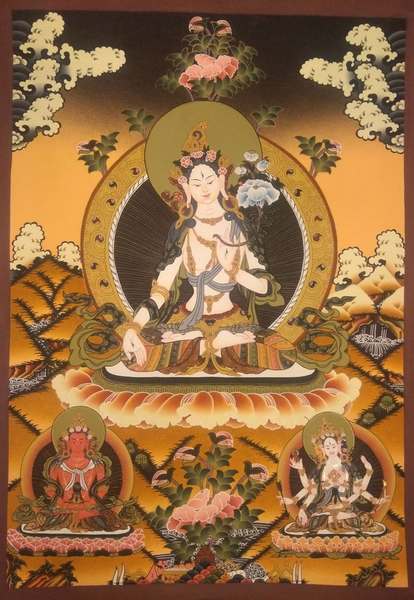 Tibetan Thangka Of White Tara, [24k Real Gold], Three Long Life Deities