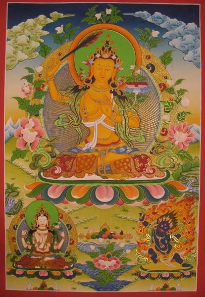 Tibetan Thangka Of Manjushri, [24k Real Gold]