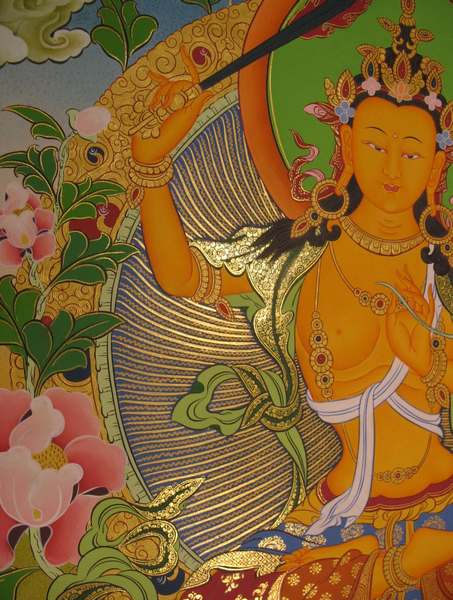 Tibetan Thangka Of Manjushri, [24k Real Gold]