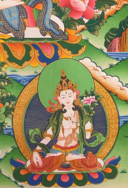 Tibetan Thangka Of White Tara, [24k Real Gold], Three Long Life Deities