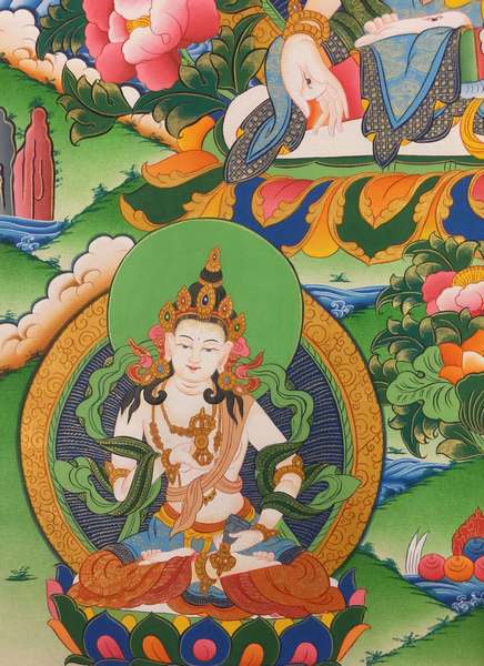 Tibetan Thangka Of White Tara, [24k Real Gold], Three Long Life Deities