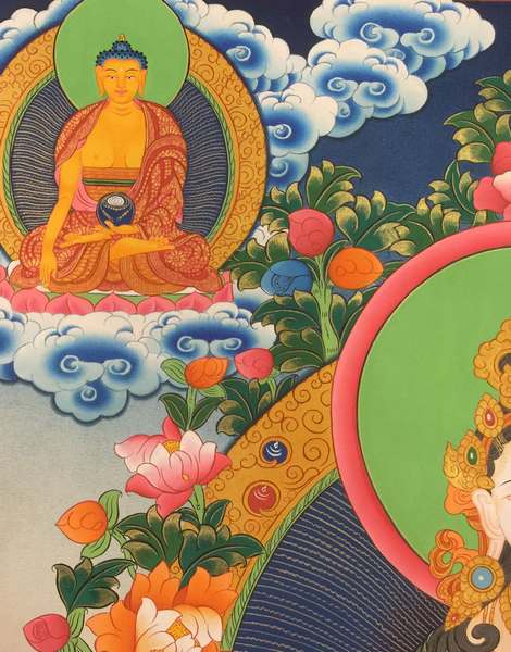 Tibetan Thangka Of White Tara, [24k Real Gold], Three Long Life Deities