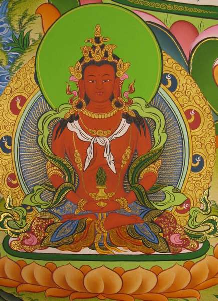 Tibetan Thangka Of White Tara, [24k Real Gold], Three Long Life Deities