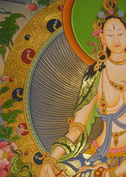 Tibetan Thangka Of White Tara, [24k Real Gold], Three Long Life Deities