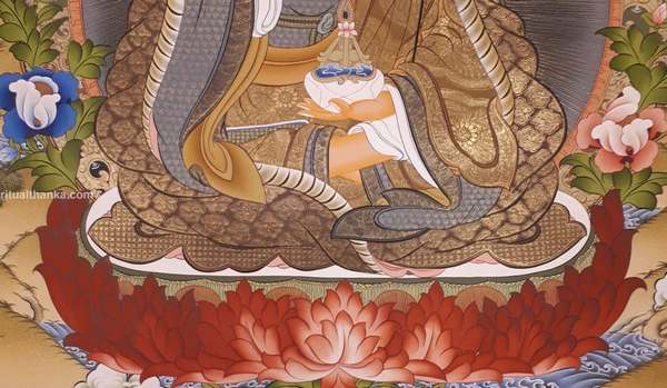 Tibetan Thangka Of Guru Rinpoche, [24k Real Gold]