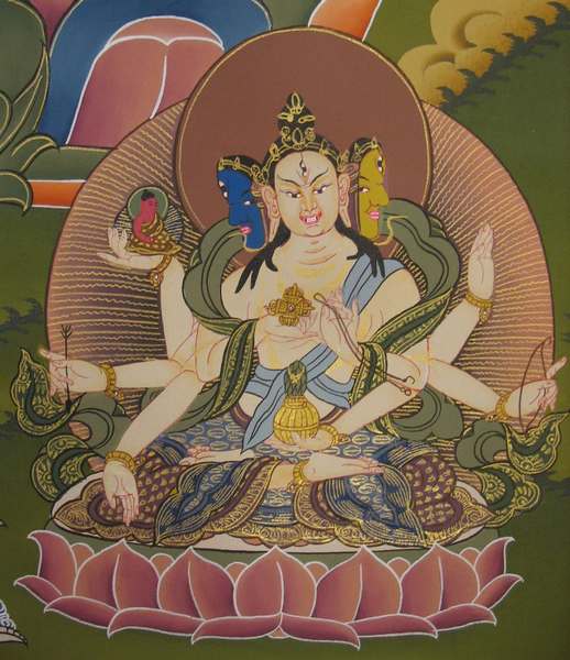 Tibetan Thangka Of White Tara, [24k Real Gold], Three Long Life Deities