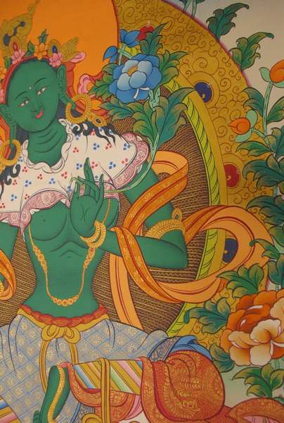 Tibetan Thangka Of Green Tara, [24k Real Gold]