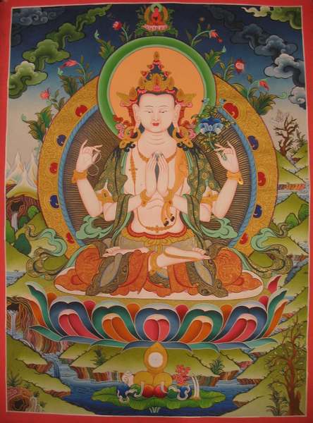 Tibetan Thangka Of Chengrezig, [24k Real Gold]